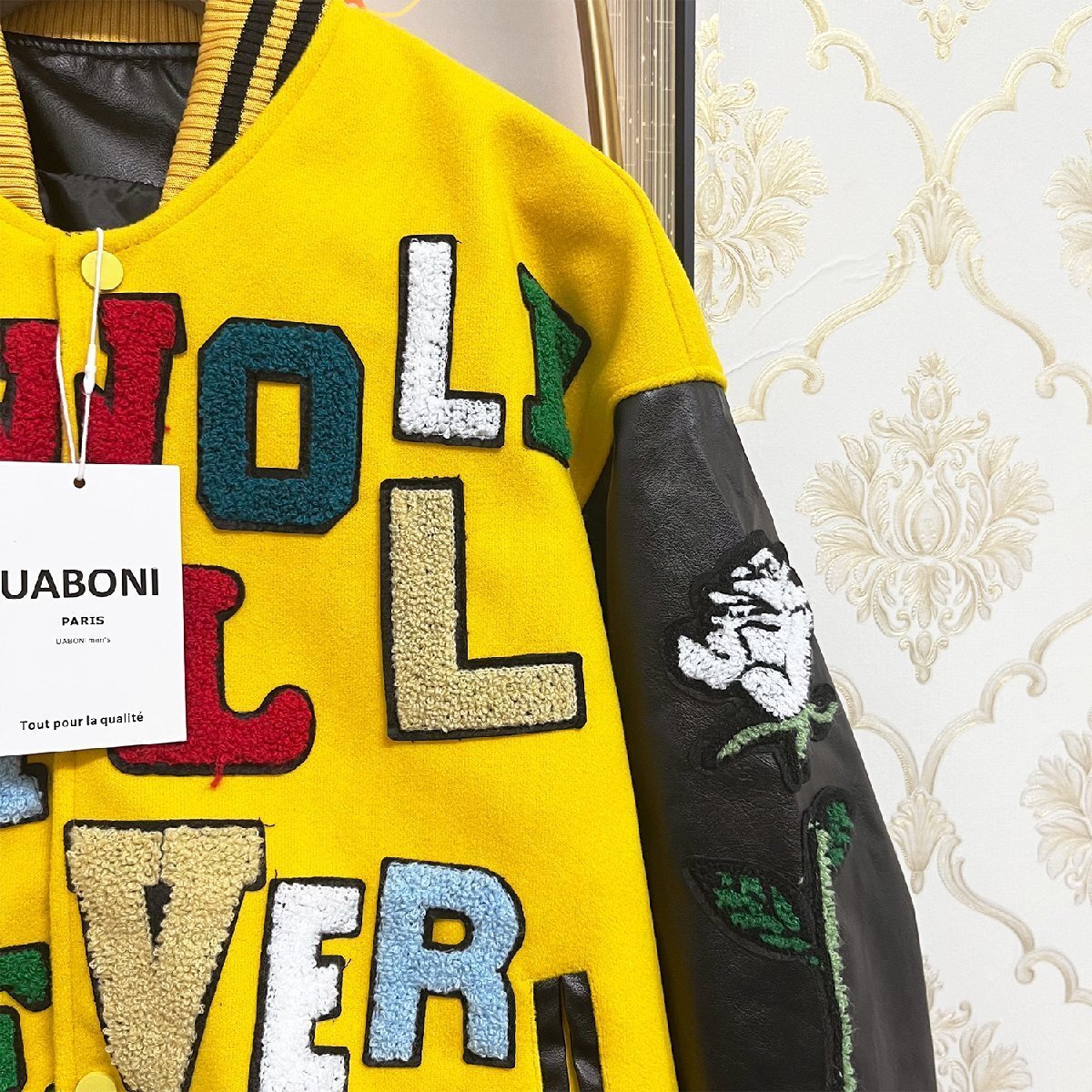 高級EU制＆定価7萬◆UABONI*Paris*スタジャン*ユアボニ*パリ発◆上品カシミヤ 防風 切替 バラ 英字 カラフル カッコいい ストリート XL/50