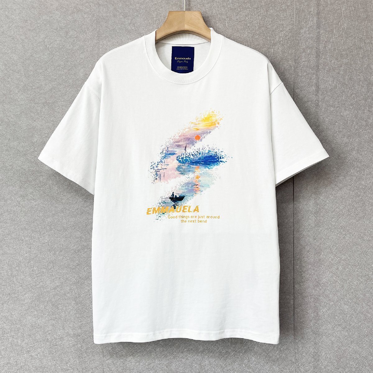 絶賛?半袖Tシャツ 定価2萬◆Emmauela?イタリア?ミラノ発◆綿100％ 上質(zhì) 吸汗速干 個性 夕焼け スウェット レジャー リゾート 夏服 2XL