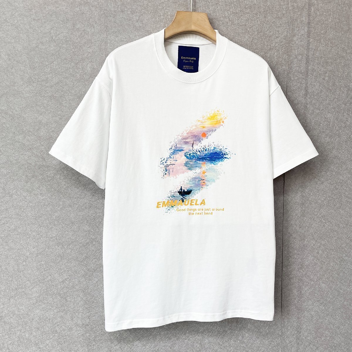 絶賛?半袖Tシャツ 定価2萬◆Emmauela?イタリア?ミラノ発◆綿100％ 上質(zhì) 吸汗速干 個性 夕焼け スウェット レジャー リゾート 夏服 2XL