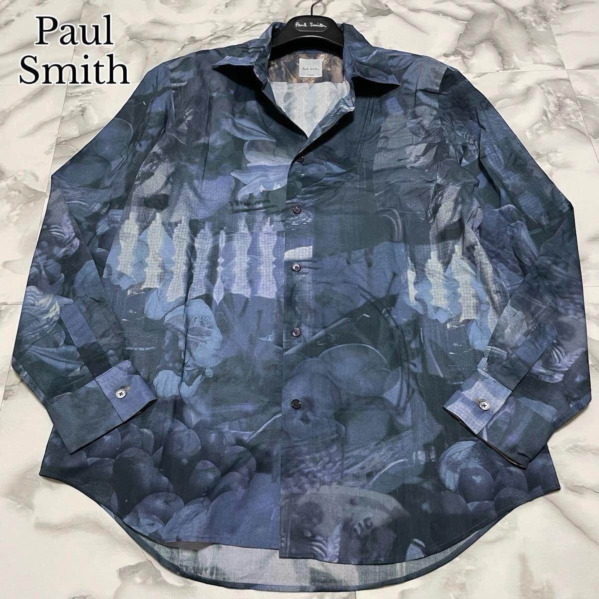 未使用級●希少XL!現(xiàn)行 ポールスミス 長袖シャツ Paul Smith 総柄 パッチワーク フォトプリント コラージュ 切替 ボタンダウン LL ネイビー