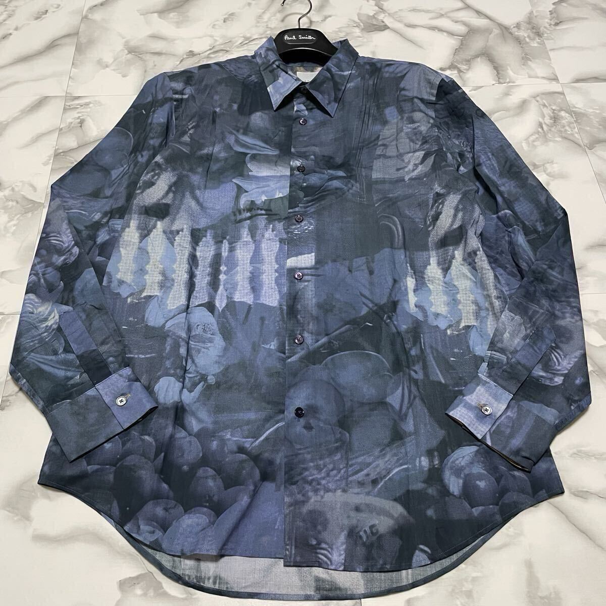 未使用級●希少XL!現(xiàn)行 ポールスミス 長袖シャツ Paul Smith 総柄 パッチワーク フォトプリント コラージュ 切替 ボタンダウン LL ネイビー