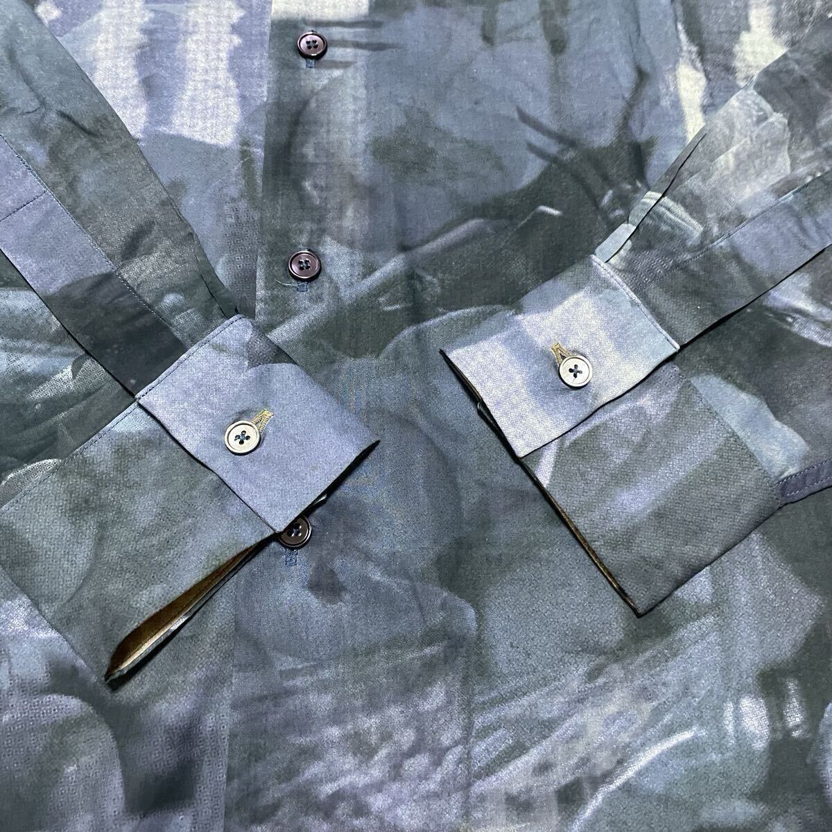 未使用級●希少XL!現(xiàn)行 ポールスミス 長袖シャツ Paul Smith 総柄 パッチワーク フォトプリント コラージュ 切替 ボタンダウン LL ネイビー