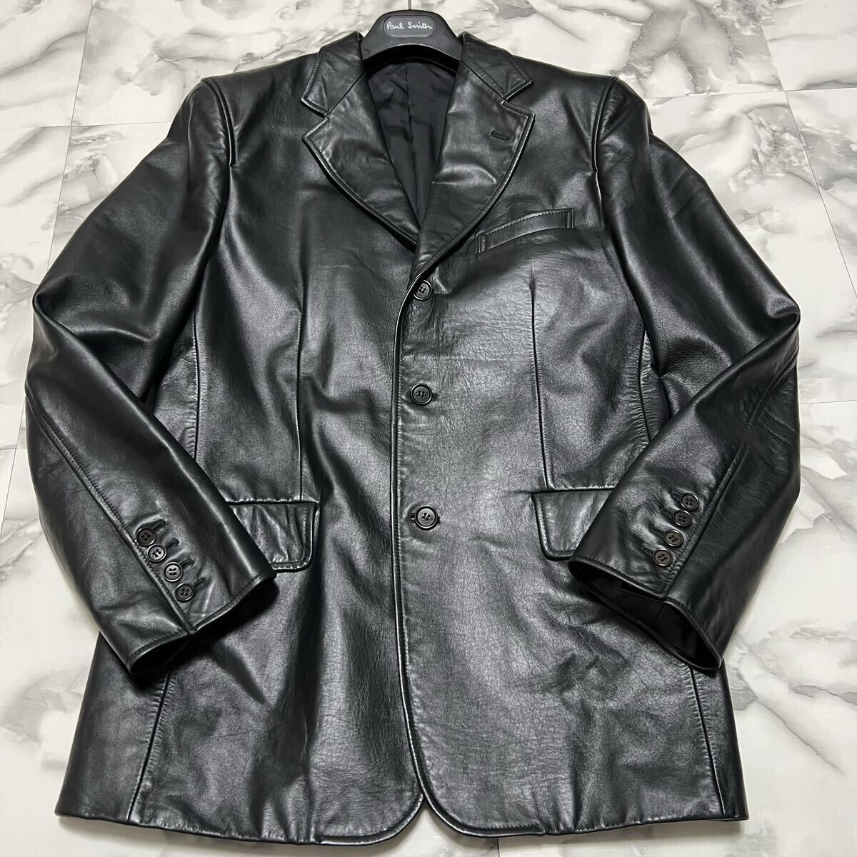 極美品●希少XL! ポールスミス 【圧巻光沢感】Paul Smith ラムレザー テーラードジャケット PSボタン 本切羽 羊革 LL 入手困難 ブラック 
