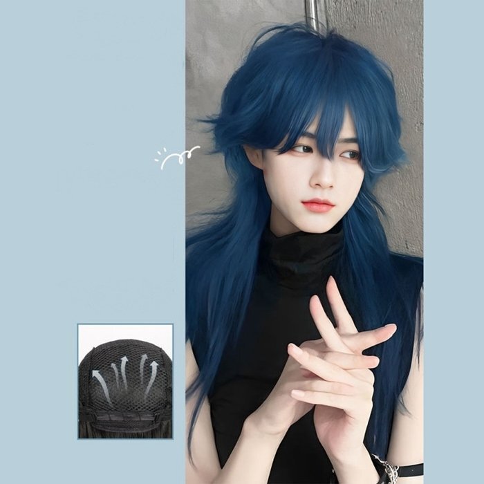 フルウィッグ セミロング ブルー ウルフカット ストレート コスプレ ウィッグ K-POP レディース ウイッグ 自然 おしゃれ