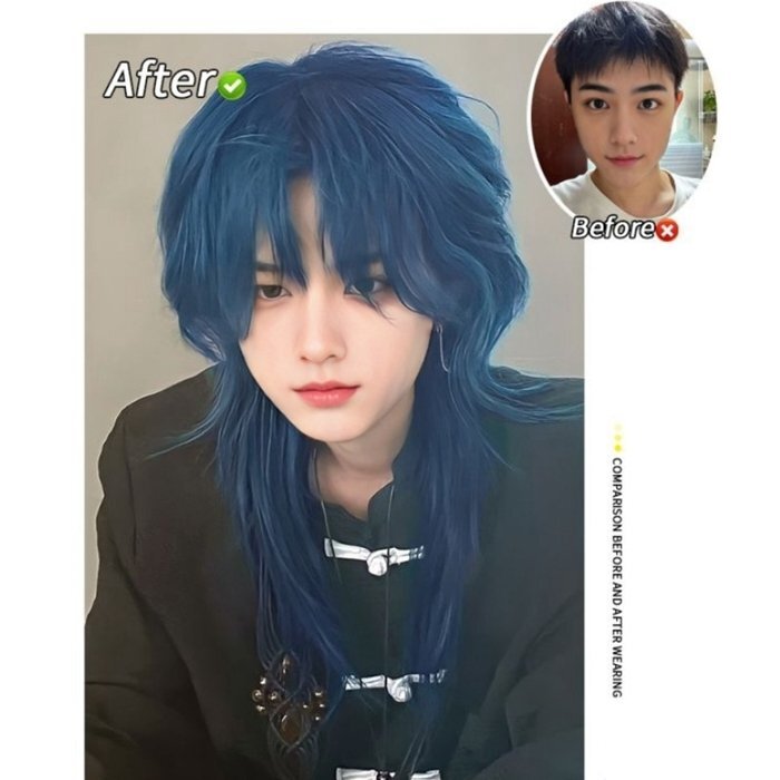 フルウィッグ セミロング ブルー ウルフカット ストレート コスプレ ウィッグ K-POP レディース ウイッグ 自然 おしゃれ