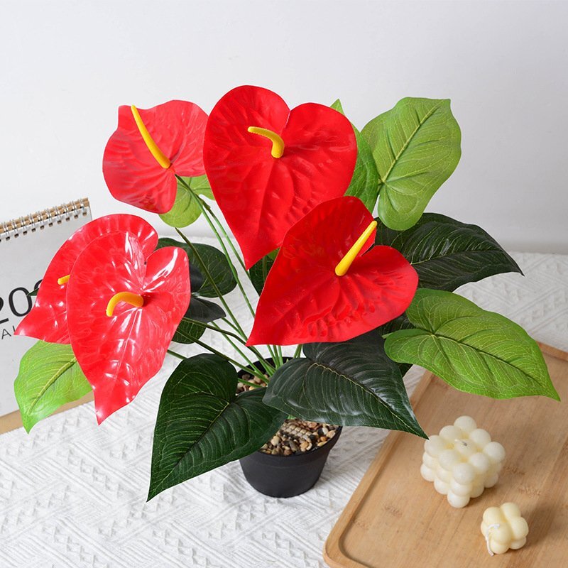 フェイクグリーン アンスリウム 55cm 人工観葉植物 造花 アンスリューム 枯れない 水やり不要 新生活 飾り 黒鉢付き