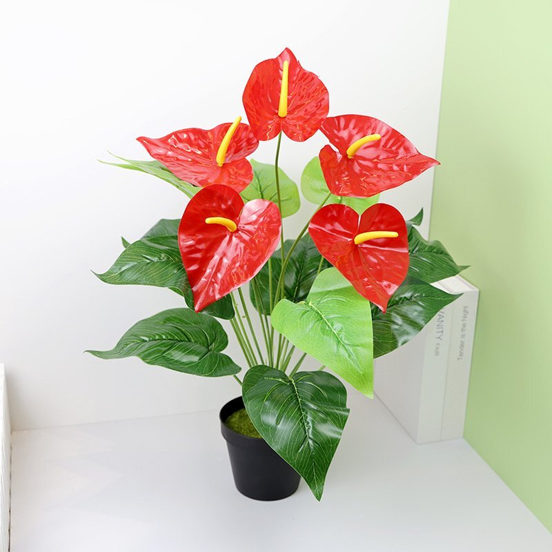 フェイクグリーン アンスリウム 55cm 人工観葉植物 造花 アンスリューム 枯れない 水やり不要 新生活 飾り 黒鉢付き