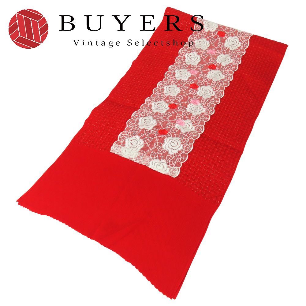 中古 帯揚げ 丹後ちりめん 正絹(金銀糸除く) レッド 花柄 小物 和装 呉服 和服 きもの レディース 女性_画像1