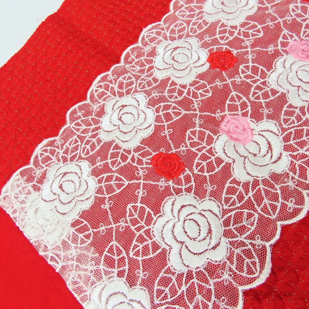 中古 帯揚げ 丹後ちりめん 正絹(金銀糸除く) レッド 花柄 小物 和装 呉服 和服 きもの レディース 女性_画像3