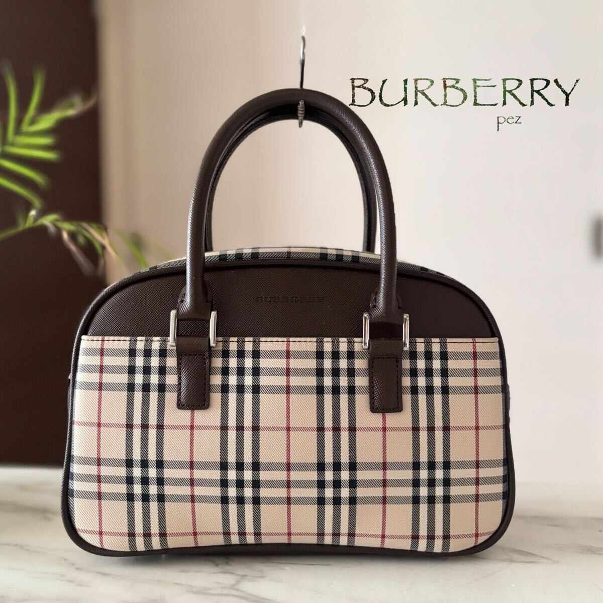 新品同様 BURBERRY バーバリー レザートートバッグ＊ノバチェック レディース 牛革 本革 ブラウン 茶 ハンド フォーマル 美品