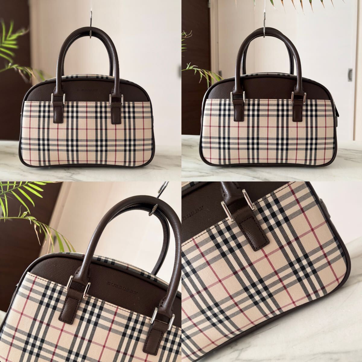 新品同様 BURBERRY バーバリー レザートートバッグ＊ノバチェック レディース 牛革 本革 ブラウン 茶 ハンド フォーマル 美品