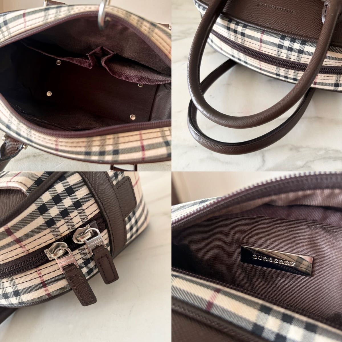 新品同様 BURBERRY バーバリー レザートートバッグ＊ノバチェック レディース 牛革 本革 ブラウン 茶 ハンド フォーマル 美品