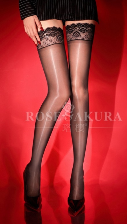 T891 RoseSakura 光沢 艶々 セクシー ガーター ストッキング シリコンストッパー ニーハイ ブラック