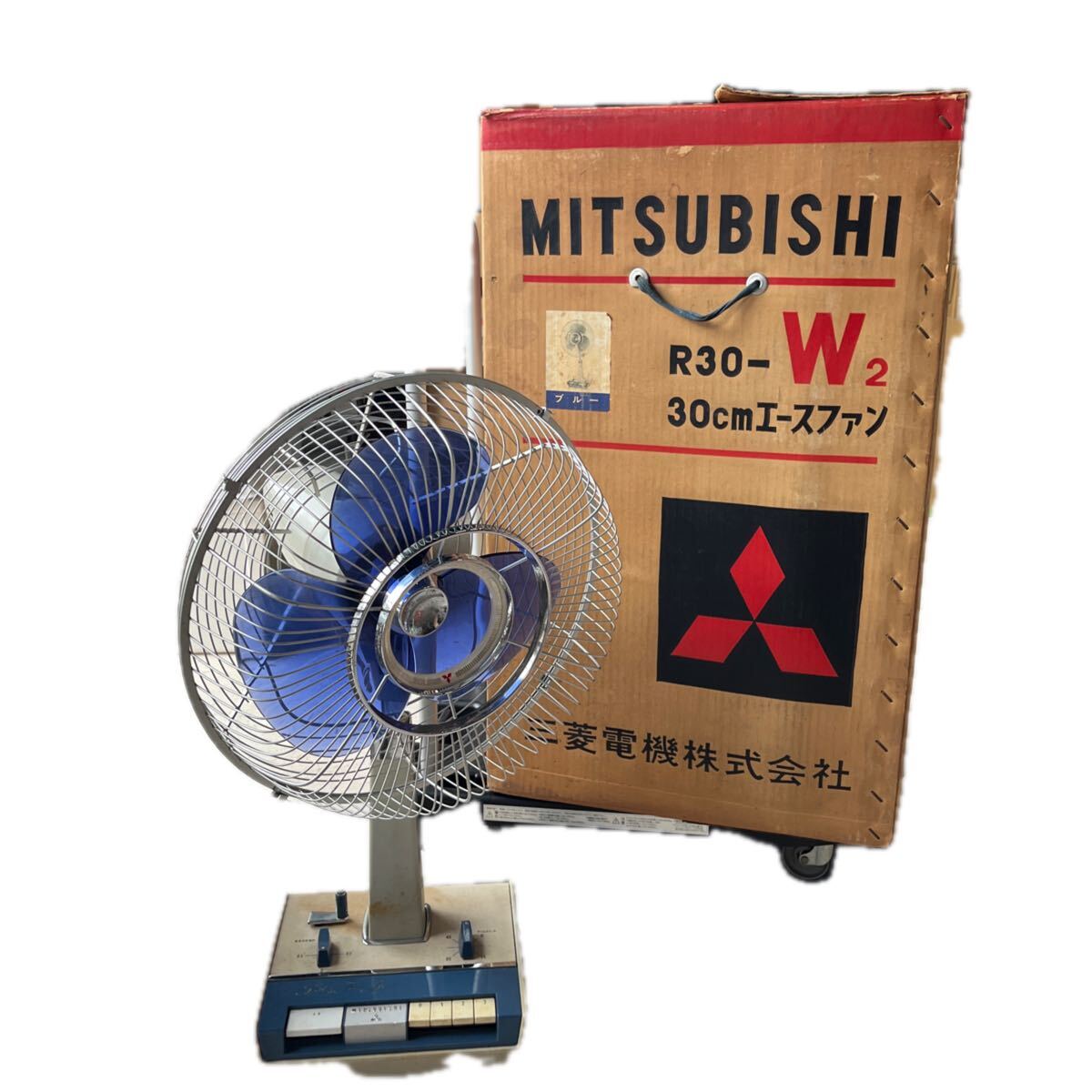 f2 昭和レトロ 三菱 扇風機 30cmエース お座敷扇 R30-W2型 ブルー 稼働品 外箱付き レトロ扇風機 当時物