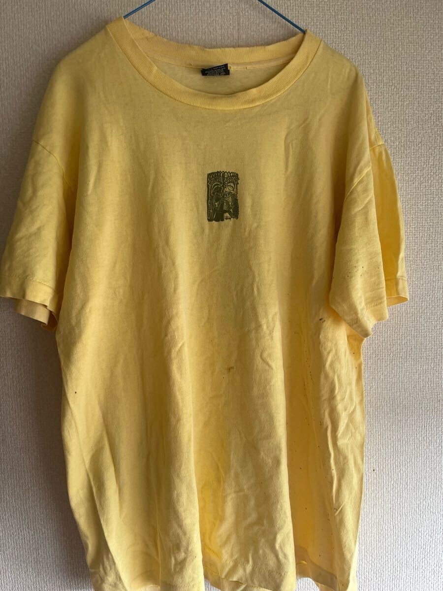 90s STUSSY Tiki Mask Print T-Shirt USA制 紺タグ L レモンイエロー 両面プリント ビンテージ Tシャツ　old stussy 