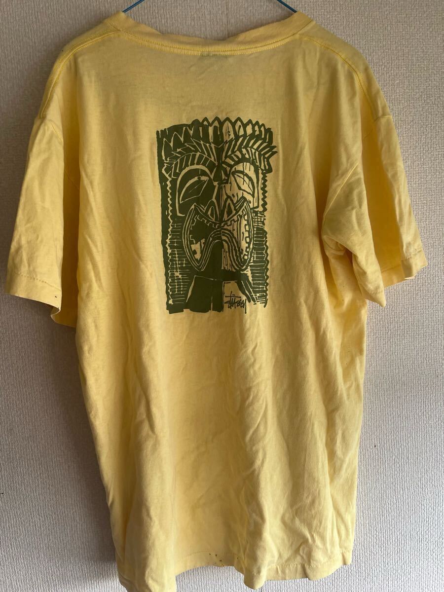 90s STUSSY Tiki Mask Print T-Shirt USA制 紺タグ L レモンイエロー 両面プリント ビンテージ Tシャツ　old stussy 