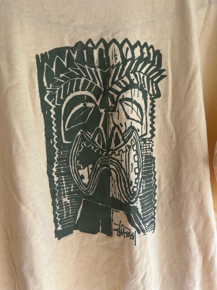 90s STUSSY Tiki Mask Print T-Shirt USA制 紺タグ L レモンイエロー 両面プリント ビンテージ Tシャツ　old stussy 