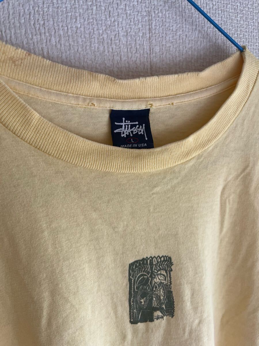 90s STUSSY Tiki Mask Print T-Shirt USA制 紺タグ L レモンイエロー 両面プリント ビンテージ Tシャツ　old stussy 
