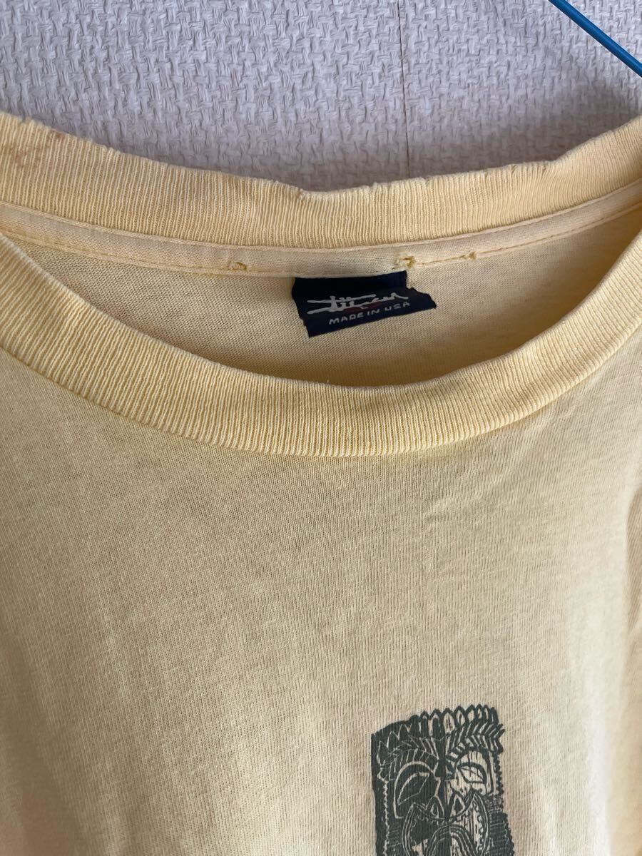 90s STUSSY Tiki Mask Print T-Shirt USA制 紺タグ L レモンイエロー 両面プリント ビンテージ Tシャツ　old stussy 