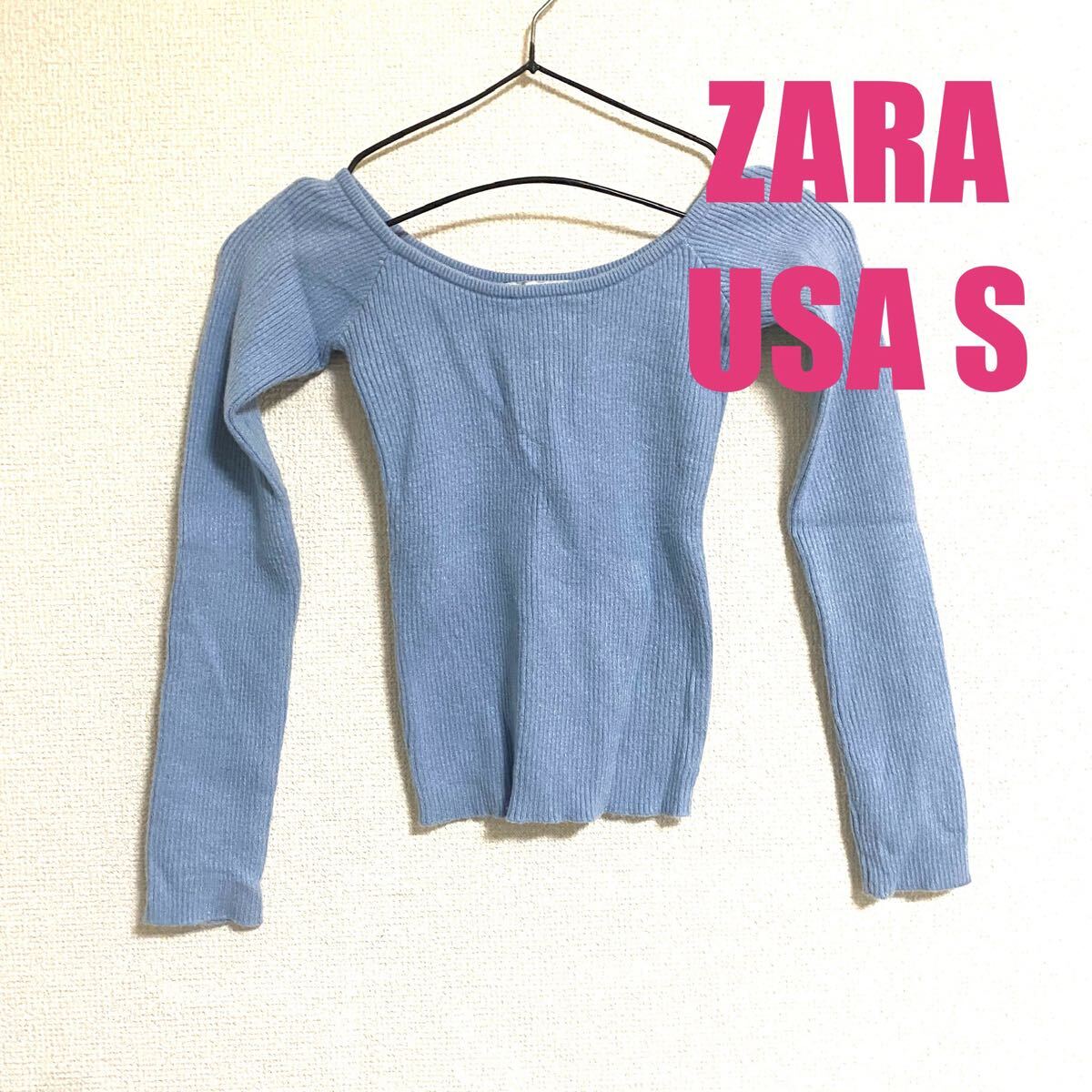 ZARA トップス ブルー リブ ニット ショート丈 水色 ラウンドネック 長袖 ストレッチ セーター_画像1