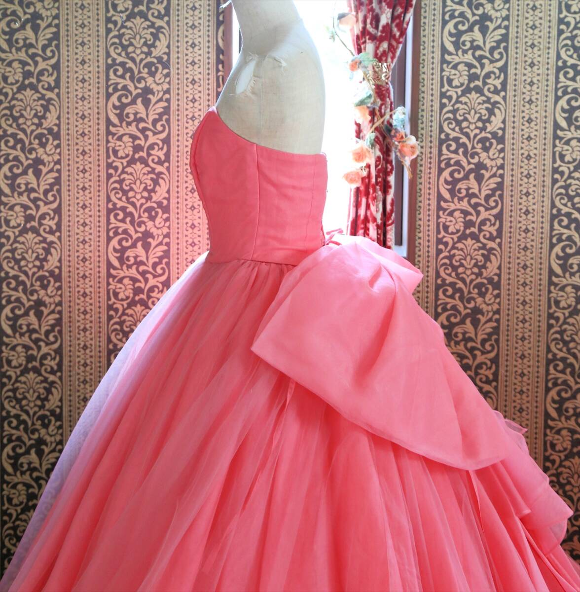 481エトリエエムATELIER E&M高級ウエディングドレス編上げ調節可能5号7号9号XS~Mサイズ小さいサイズピンクカラードレス_画像6