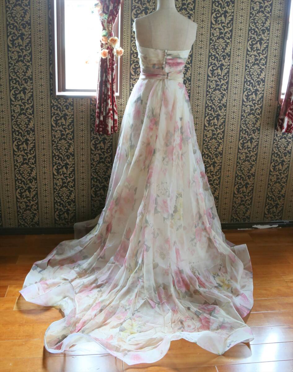 457難ありイタリア製ACQUA CHIARAシルク生地高級ウエディングドレス7号Sサイズ花柄カラードレス_画像3