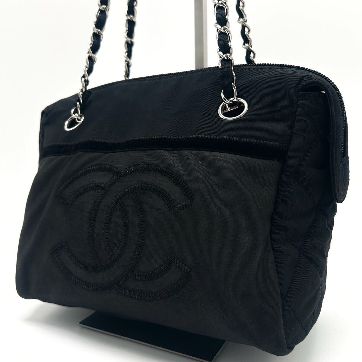 1円 【最高級】 CHANEL シャネル チェーン トートバッグ 肩掛け ココマーク ナイロン シール有り シルバー金具 レディース ブラック Wフリ