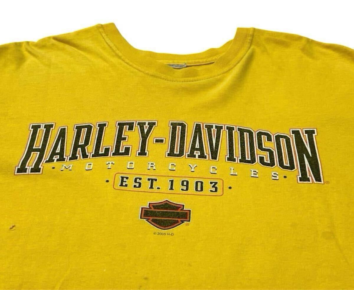 00s HARLEY DAVIDSON 両面プリント Tシャツ バイカー エンブレム モーターサイクル ショップ ハーレーダビッドソン Y2K 90s 古著 usa 黃色