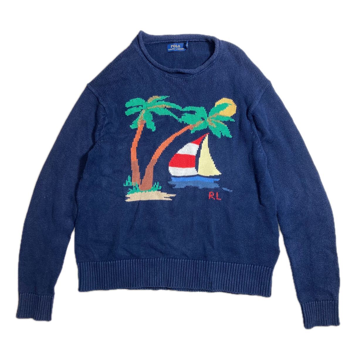 61-62 ラルフローレン ヨット ニット Mサイズ POLO RALPH LAUREN レディース コットン セーター ネイビー