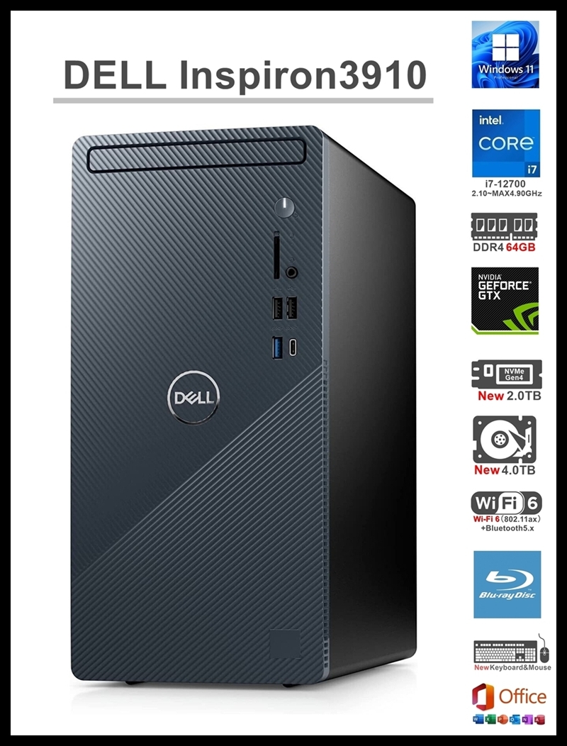 ★DELL Inspiron3910/i7-12700 12コア/RAM 64GB/新品 NVMe M.2 SSD 2TB/HDD 4TB/GTX1650 4GB/Wi-Fi6/Blu-ray/USB3.2/Win11Pro/Office2024★