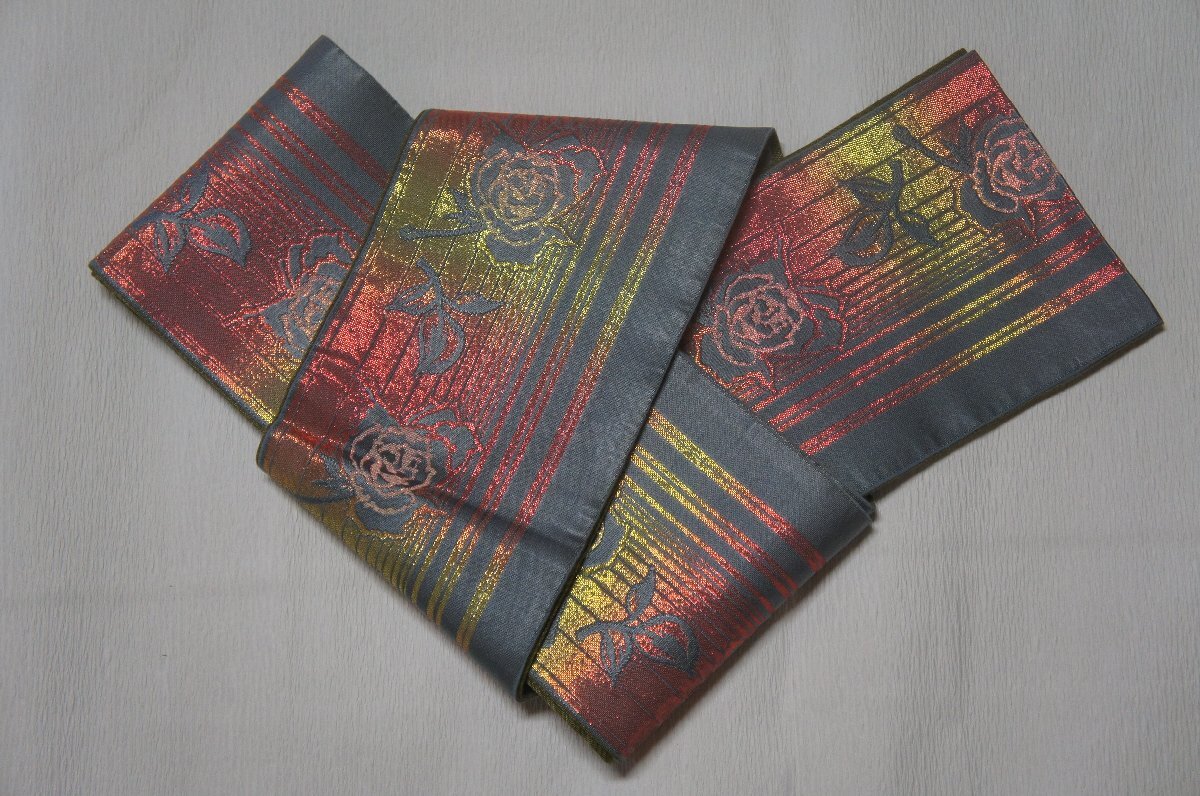 半巾帯化繊グレー色地ラメ箔薔薇模様未仕立て品[N16468]_画像1