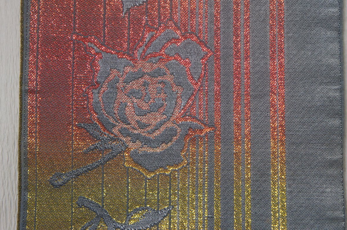 半巾帯化繊グレー色地ラメ箔薔薇模様未仕立て品[N16468]_画像5
