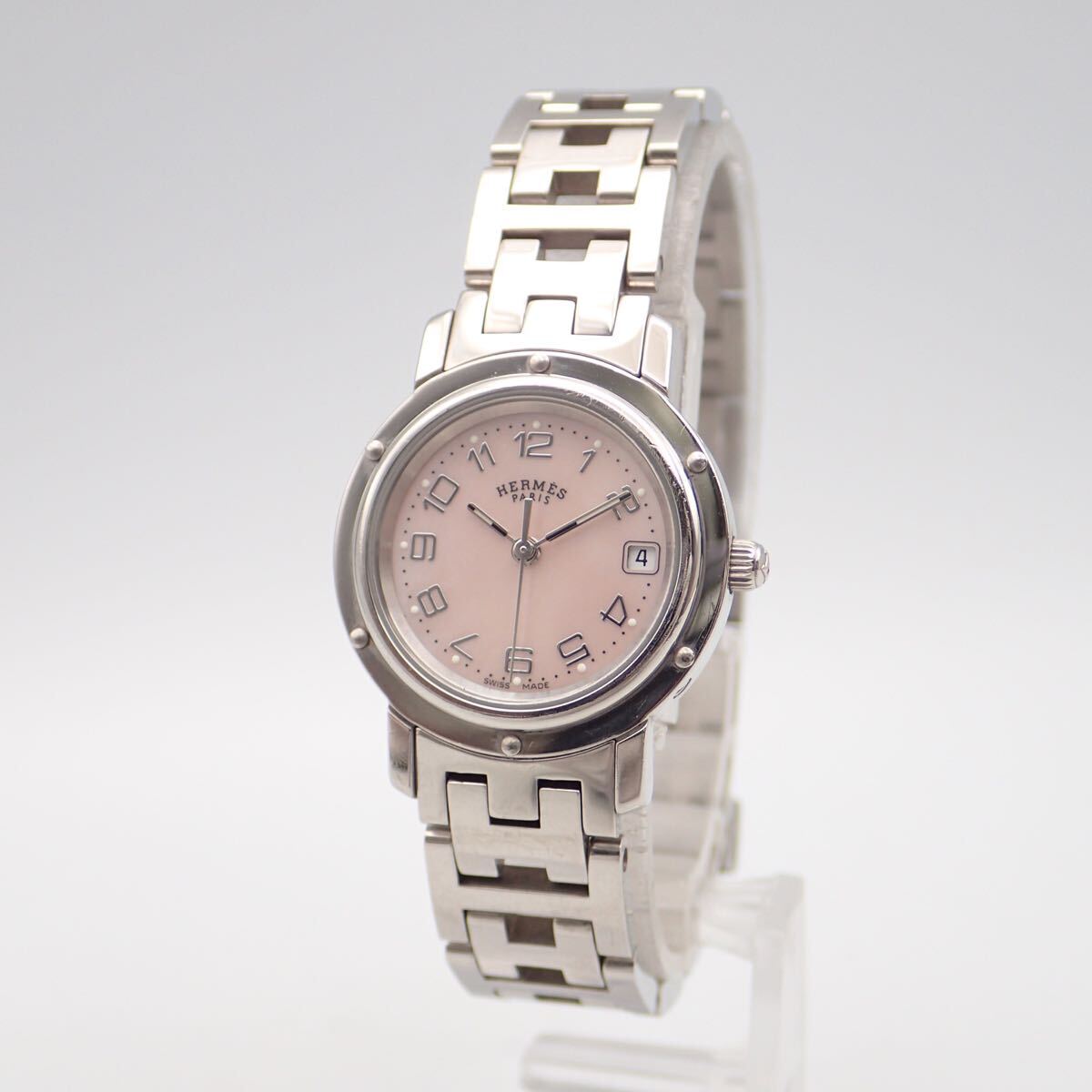 お08159/HERMES エルメス/クリッパー/クオーツ/レディース腕時計/數字/文字盤 ピンクシェル/CL4.210/ジャンク