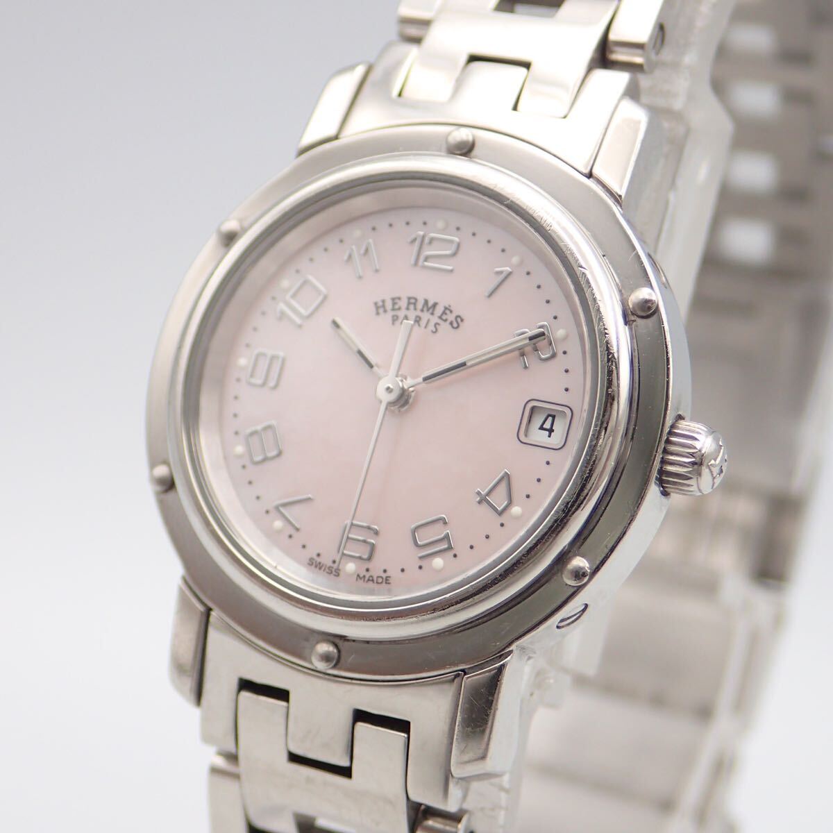 お08159/HERMES エルメス/クリッパー/クオーツ/レディース腕時計/數字/文字盤 ピンクシェル/CL4.210/ジャンク