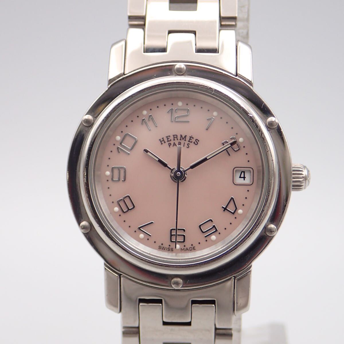 お08159/HERMES エルメス/クリッパー/クオーツ/レディース腕時計/數字/文字盤 ピンクシェル/CL4.210/ジャンク