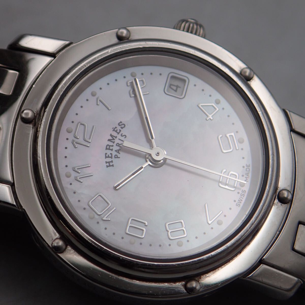 お08159/HERMES エルメス/クリッパー/クオーツ/レディース腕時計/數字/文字盤 ピンクシェル/CL4.210/ジャンク