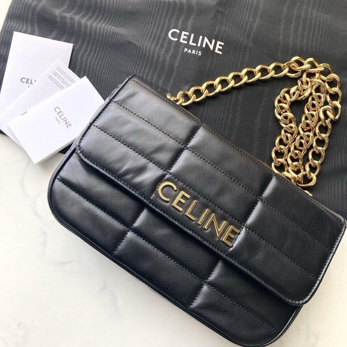 極美品 セリーヌ CELINE ショルダー レディース マトラッセモノクローム チェーン ショルダーバッグ レザー 本革 キルティング ケアカード_画像1