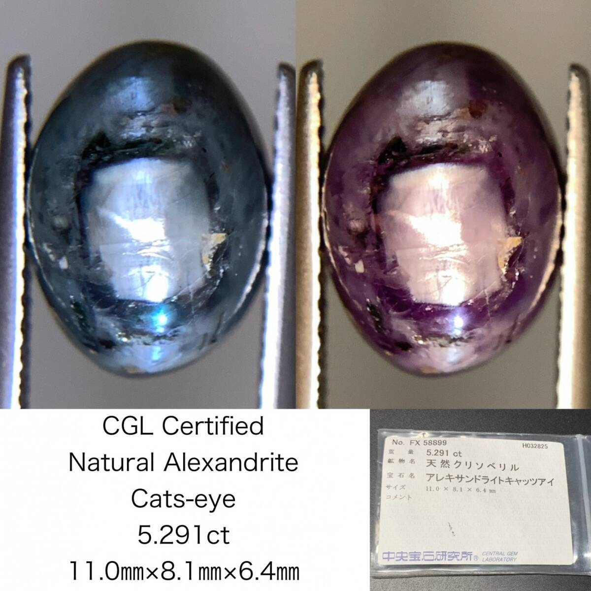 1円 アレキサンドライトキャッツアイ 天然 5.291ct 中央宝石ソーティング付き 11.0×8.1×6.4 ルース( 裸石 ) 6888Y