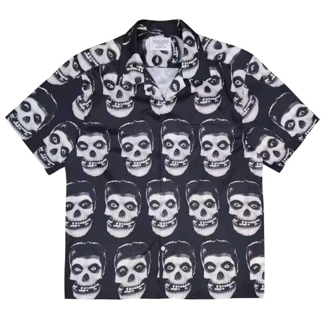 ユニセックス メンズ レディース 半袖 シャツ ハワイアン アロハ ストリート レゲエ スカル 骸骨 ドクロ リーゼント HIPHOP S-XL a6157_画像1