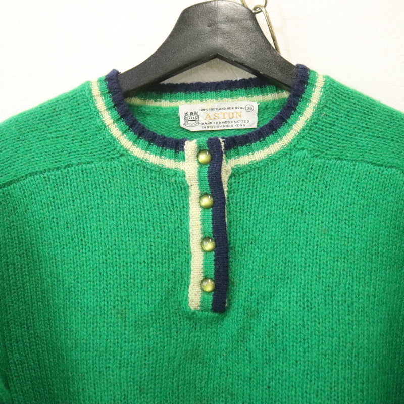 y20 70sビンテージ ASTON ウールニットセーター■1970年代制 表記36サイズ レディース グリーン マルチカラー アメカジ ストリート 古著