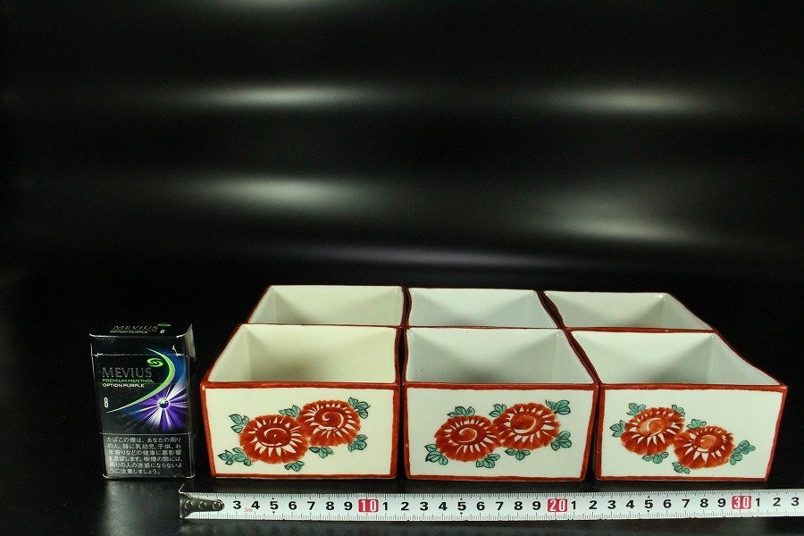 金閣】懐石 古器観 木米翁作意 竹泉造 赤絵四方鉢 六客