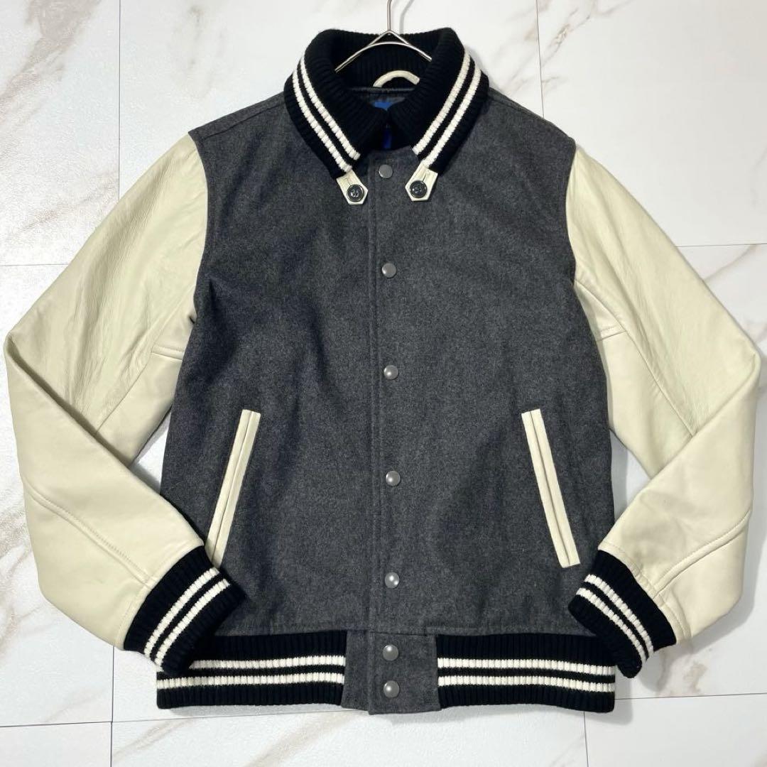 BEAMS ビームス スタジャン アワードジャケット ドンキーカラー 袖ラムレザー 切替 羊革 本革 メルトンウール ホワイト×グレー メンズ