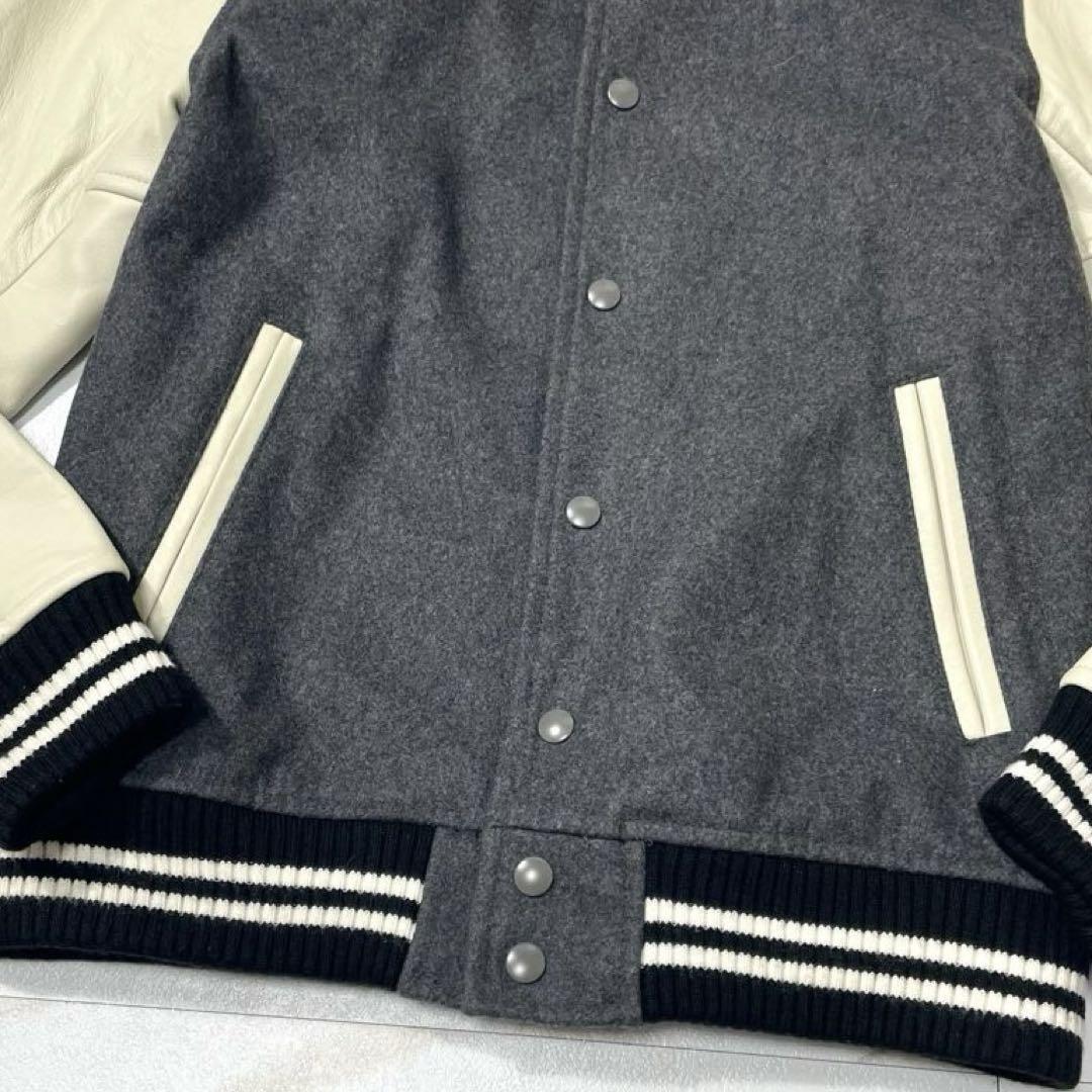 BEAMS ビームス スタジャン アワードジャケット ドンキーカラー 袖ラムレザー 切替 羊革 本革 メルトンウール ホワイト×グレー メンズ