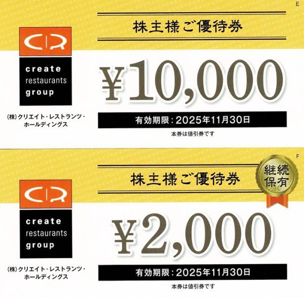 送料無料　クリエイト?レストランツ?ホールディングス　株主優(yōu)待券　12,000円分　2025/11/30