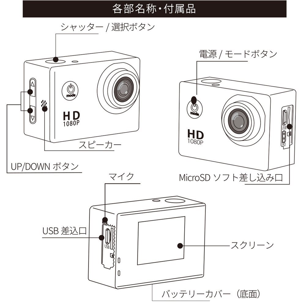 防水カメラ 小型 水深30m 3MP／2MP／1.3MP／VGA USB充電式 2インチ バイク 自転車 マリンスポーツ カメラ 小型 送料無(wú)料- 60N◇ 防水カメラ