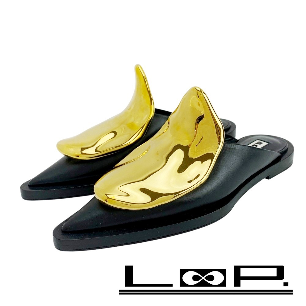 ■美品■ ジルサンダー メタルプレート ミュール ポインテッドトゥ サンダル レザー ブラック ゴールド JS38250A #36 箱 【21675】5_画像1