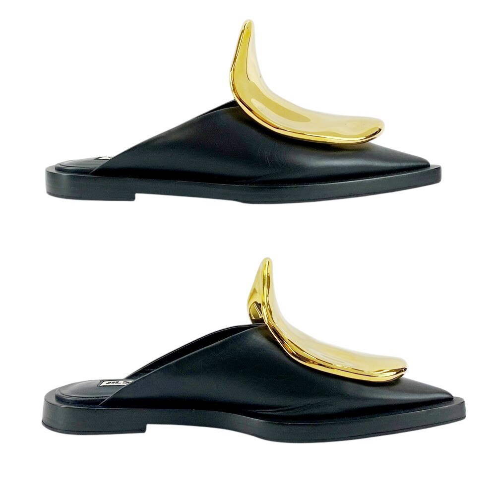 ■美品■ ジルサンダー メタルプレート ミュール ポインテッドトゥ サンダル レザー ブラック ゴールド JS38250A #36 箱 【21675】5_画像4