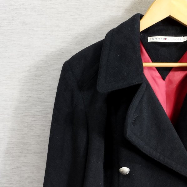 I865 TOMMY HILFIGER トミーヒルフィガー ピー コート Pコート ダブル アウター ボタン デザイン ウール メルトン ブラック系 L_画像3