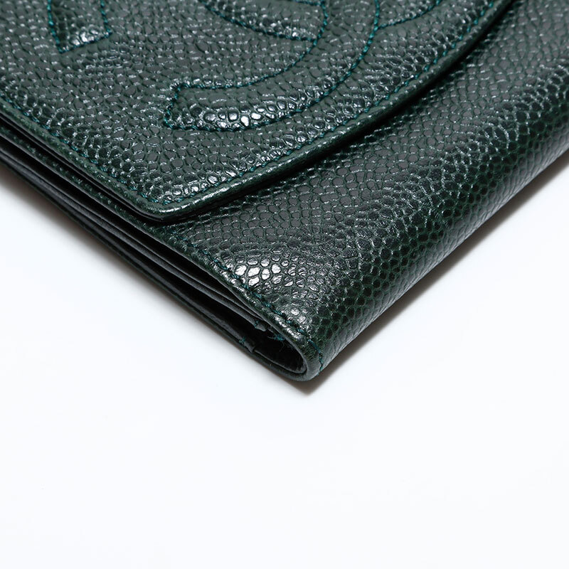 シャネル CHANEL 二つ折り財(cái)布 4番臺(tái) 1996-1997 キャビア ココマーク グリーン