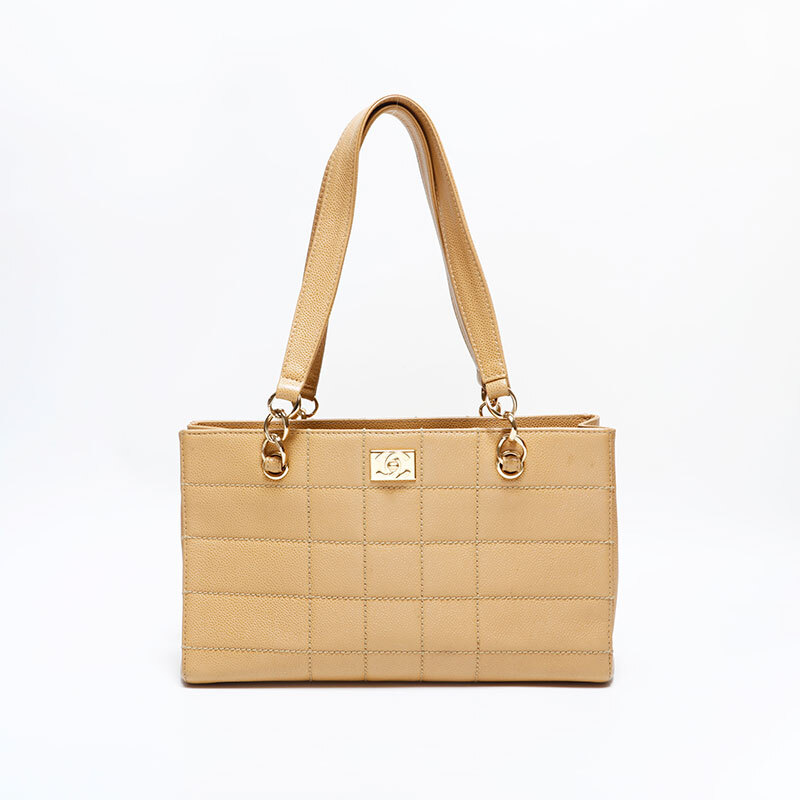 シャネル CHANEL ショルダーバッグ 7番台 2000-2002 キャビアスキン チョコバー ベージュ_画像2